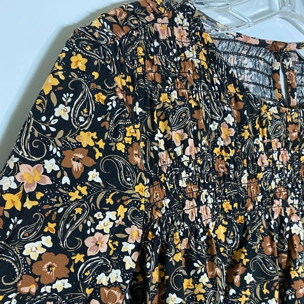 J. Jill Womens Floral Paisley Smocked Long Sleeve Blouse Black Brown Petite S - Picture 7 of 12
